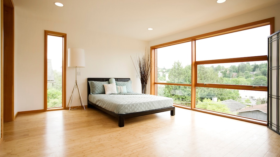 modern bedroom with bamboo flooring