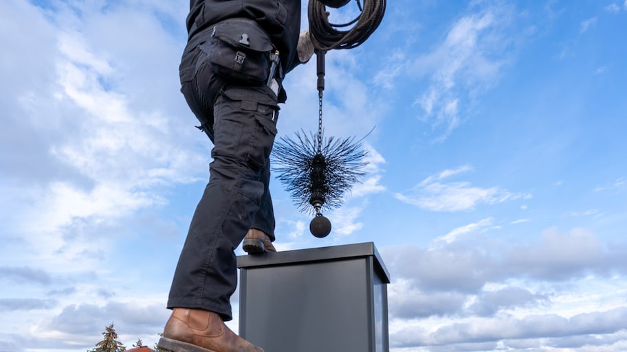 chimney sweeping professional on roof cleaning chimney