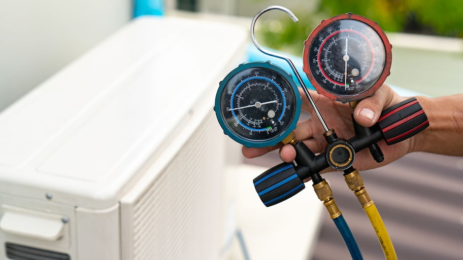 Hands of technician holding measuring tool to check air conditioner