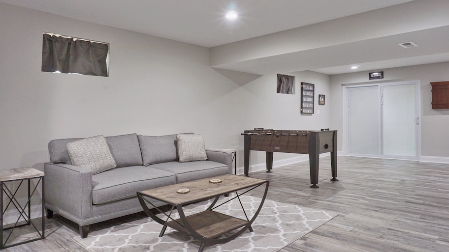 basement garage remodeled into family room