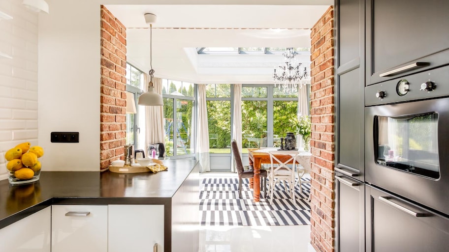 Kitchen view leading into dining area