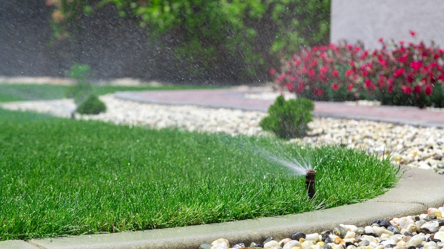 lawn sprinkler system installed in yard to water grass