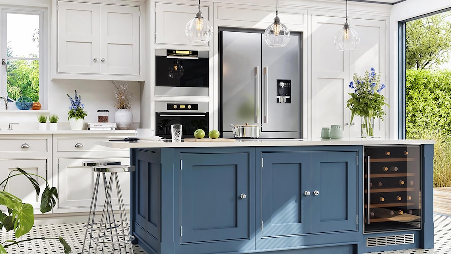 modern kitchen with big kitchen island and sliding glass door