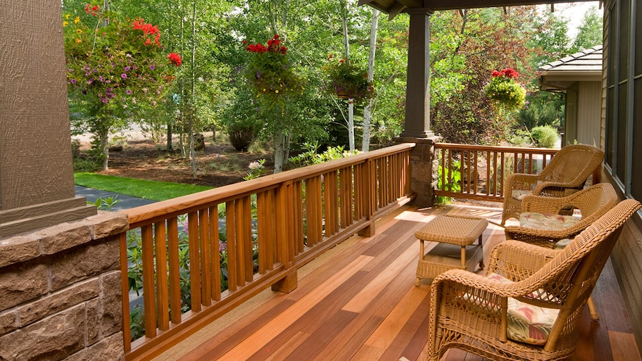 wooden railing on newly built front porch