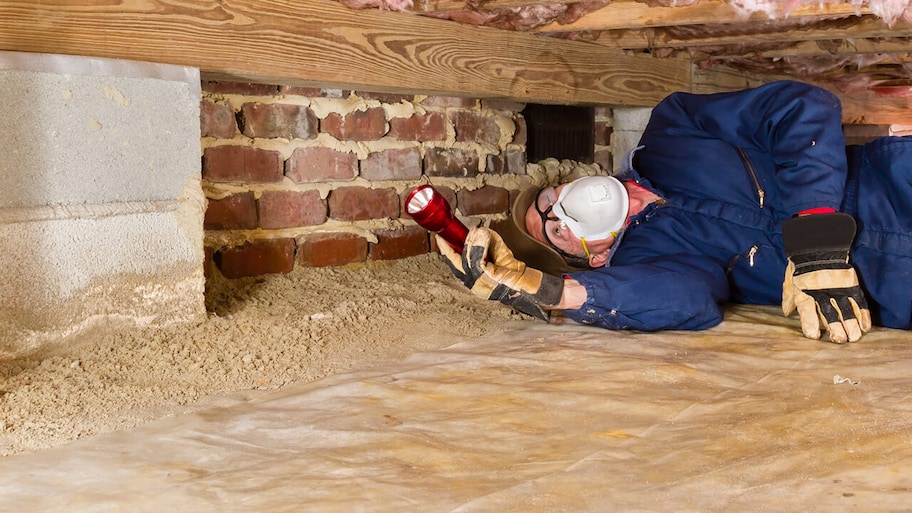 professional inspecting crawlspace of house for termites and pests