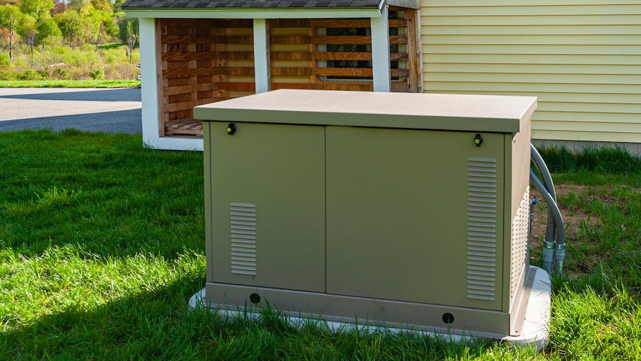 A residential home generator in a house backyard