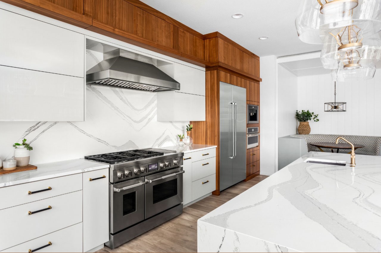 white marble kitchen with new appliances