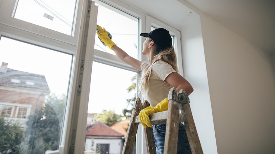 woman standing on ladder cleaning window