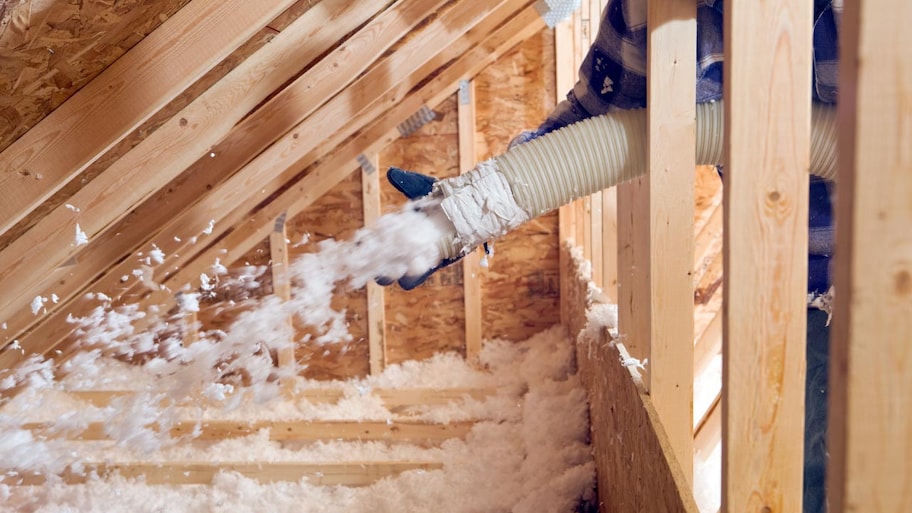 A worker spraying blown fiberglass insulation between attic trusses