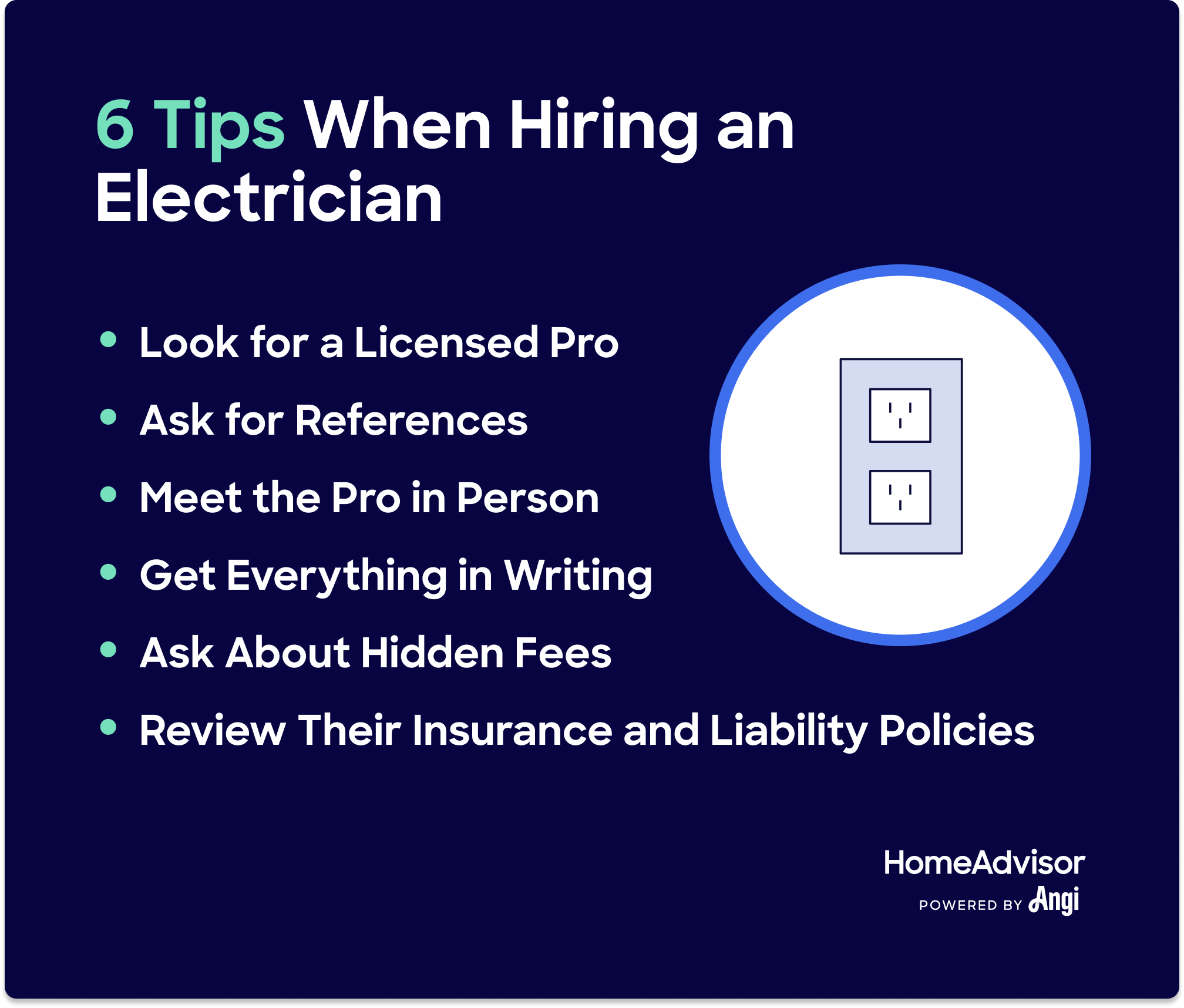 6 tips when hiring an electrician, including looking for a licensed pro, asking for references, and meeting in person