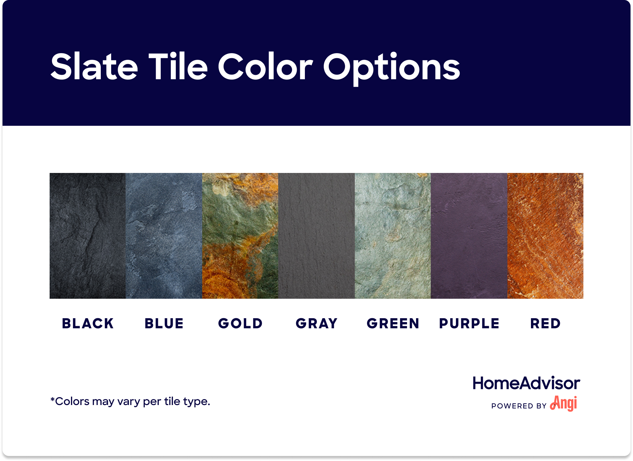 7 slate tile colors compared visually, including, black, blue, gold, green, and purple