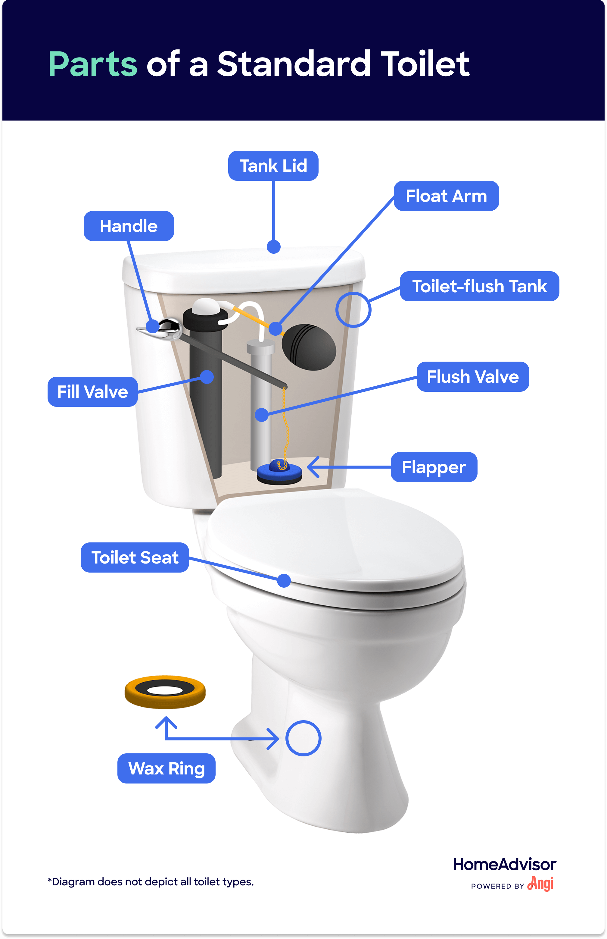 Parts of a standard toilet diagram, including the fill valve, toilet seat, and wax ring