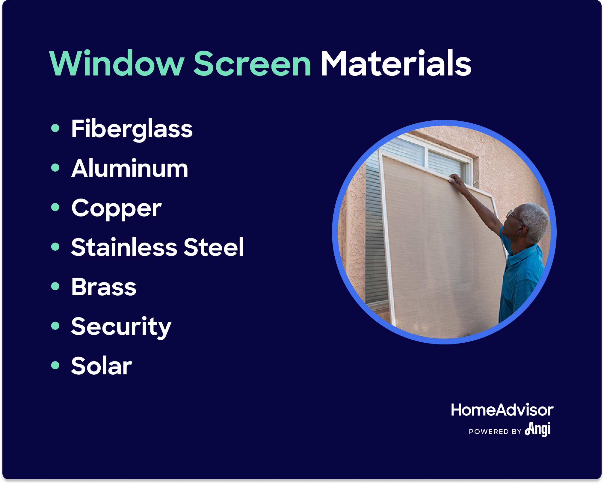 7 window screen materials, including aluminum, copper, stainless steel, security, and solar